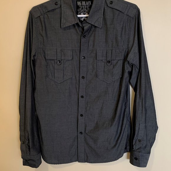 MG Black Men's Shirt Button Down Collar Military Style Size Medium 100% Cotton - Picture 6 of 10